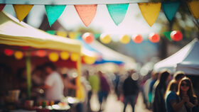 Abstract street fair blurred background, outdoor backdrop with copy space. AI generative image.