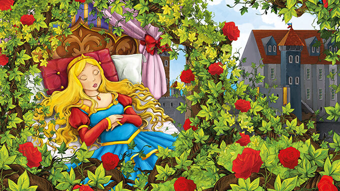 Cartoon scene of rose garden with sleeping princess near castle