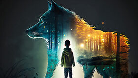 Little child and wolf in magic forest.  Fantasy concept. Generat